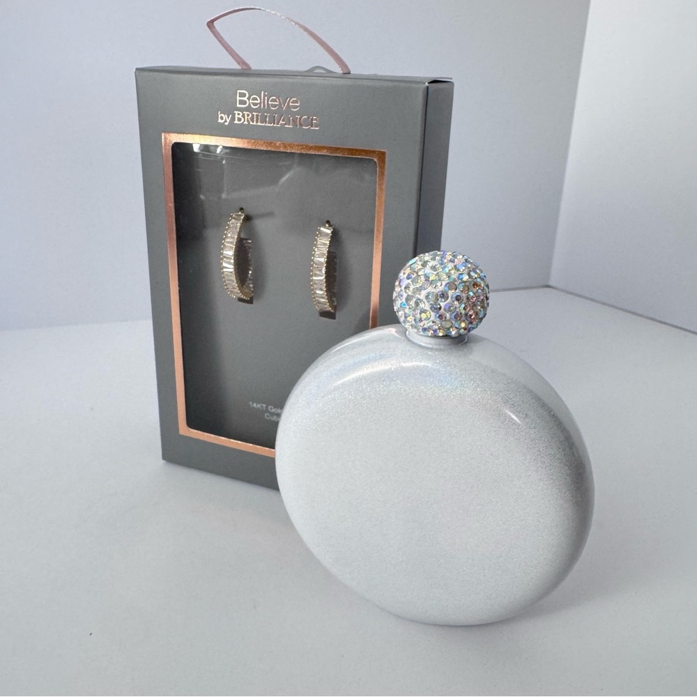 Believe by Brilliance Baguette Hoop Earrings & Iridescent Stainless Steel Flask